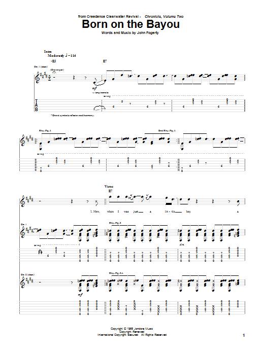 Preview Creedence Clearwater Revival Born On The Bayou Rock sheet music, notes and chords for Guitar Tab Play-Along, SKU: 58915 sheet music, piano notes, chords, guitar tabs, score, transpose, transcribe, how to play, guide, download, learn, tutorial, progression, song, artist, awards, billboard, mtv, vh1, tour, single, album, release