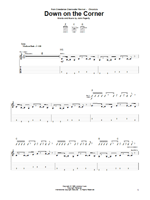 Preview Creedence Clearwater Revival Down On The Corner Rock sheet music, notes and chords for Piano, Vocal & Guitar (Right-Hand Melody), SKU: 55003 Download Creedence Clearwater Revival Down On The Corner sheet music and printable PDF score & Rock music notes