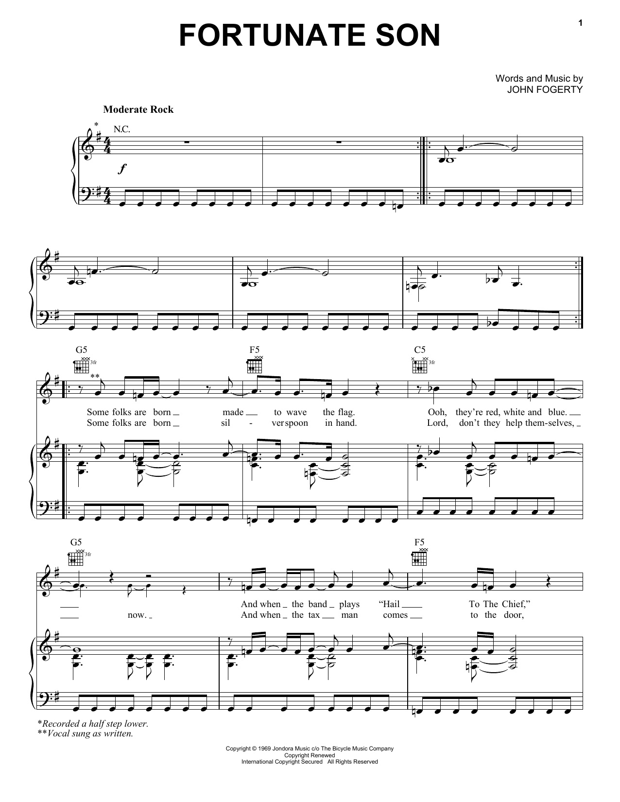 Download Creedence Clearwater Revival Fortunate Son sheet music and printable PDF score & Rock music notes