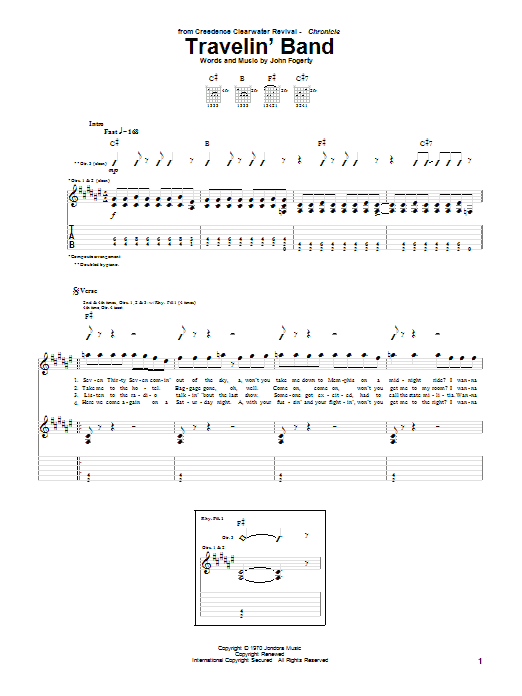 Preview Creedence Clearwater Revival Travelin' Band Rock sheet music, notes and chords for Piano, Vocal & Guitar (Right-Hand Melody), SKU: 54997 Download Creedence Clearwater Revival Travelin' Band sheet music and printable PDF score & Rock music notes