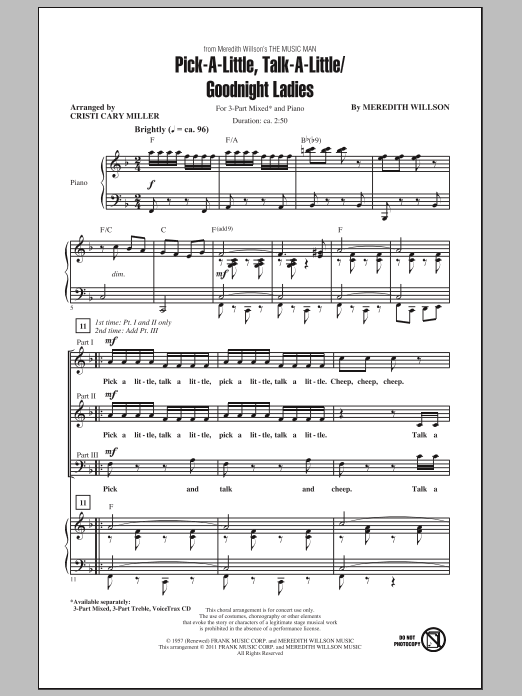 Preview Cristi Cary Miller Pick-A-Little, Talk-A-Little / Goodnight Ladies Concert sheet music, notes and chords for 3-Part Mixed, SKU: 82406 sheet music, piano notes, chords, guitar tabs, score, transpose, transcribe, how to play, guide, download, learn, tutorial, progression, song, artist, awards, billboard, mtv, vh1, tour, single, album, release