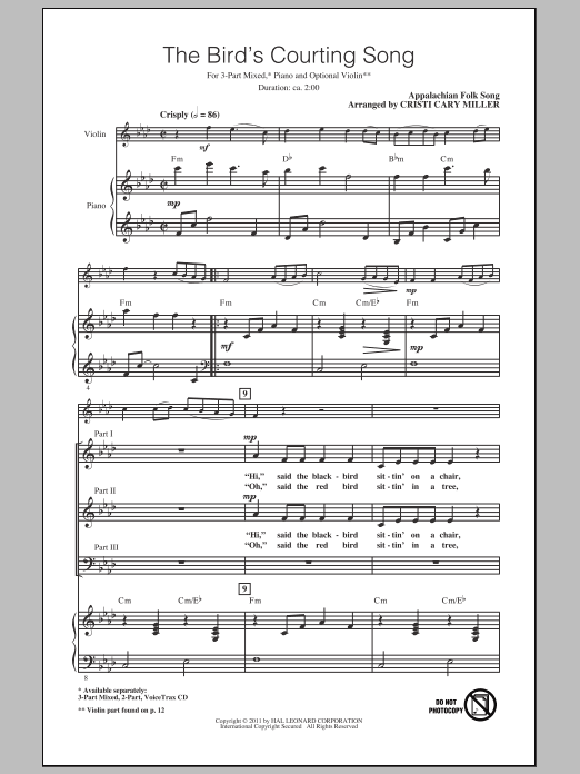 Preview Cristi Cary Miller The Bird's Courting Song Children sheet music, notes and chords for 3-Part Mixed, SKU: 82428 Download Cristi Cary Miller The Bird's Courting Song sheet music and printable PDF score & Children music notes