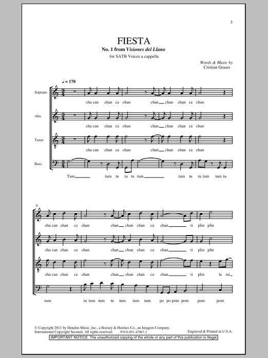 Preview Cristian Grases Fiesta (No. 1 From Visiones Dellano) Festival sheet music, notes and chords for SATB, SKU: 82536 sheet music, piano notes, chords, guitar tabs, score, transpose, transcribe, how to play, guide, download, learn, tutorial, progression, song, artist, awards, billboard, mtv, vh1, tour, single, album, release