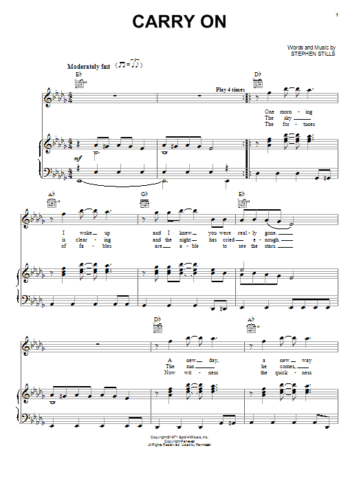 Preview Crosby, Stills & Nash Carry On Pop sheet music, notes and chords for Piano, Vocal & Guitar (Right-Hand Melody), SKU: 31718 Download Crosby, Stills & Nash Carry On sheet music and printable PDF score & Pop music notes