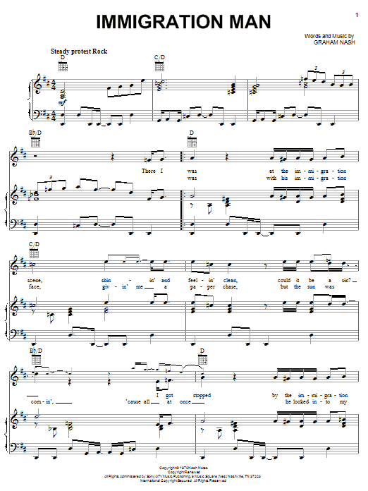 Preview Crosby, Stills & Nash Immigration Man Pop sheet music, notes and chords for Piano, Vocal & Guitar (Right-Hand Melody), SKU: 31721 Download Crosby, Stills & Nash Immigration Man sheet music and printable PDF score & Pop music notes