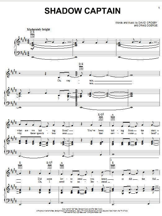 Preview Crosby, Stills & Nash Shadow Captain Pop sheet music, notes and chords for Piano, Vocal & Guitar (Right-Hand Melody), SKU: 31726 Download Crosby, Stills & Nash Shadow Captain sheet music and printable PDF score & Pop music notes