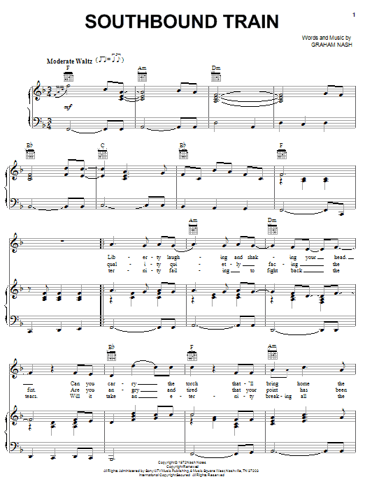 Preview Crosby, Stills & Nash Southbound Train Pop sheet music, notes and chords for Piano, Vocal & Guitar (Right-Hand Melody), SKU: 31723 Download Crosby, Stills & Nash Southbound Train sheet music and printable PDF score & Pop music notes