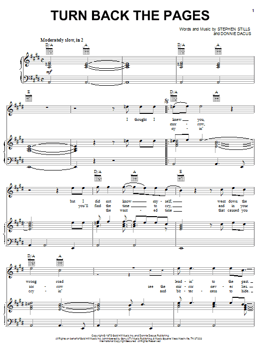 Preview Crosby, Stills & Nash Turn Back The Pages Pop sheet music, notes and chords for Piano, Vocal & Guitar (Right-Hand Melody), SKU: 31725 Download Crosby, Stills & Nash Turn Back The Pages sheet music and printable PDF score & Pop music notes