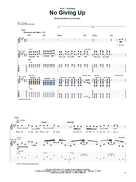 Preview Crossfade No Giving Up Pop sheet music, notes and chords for Guitar Tab, SKU: 51180 sheet music, piano notes, chords, guitar tabs, score, transpose, transcribe, how to play, guide, download, learn, tutorial, progression, song, artist, awards, billboard, mtv, vh1, tour, single, album, release