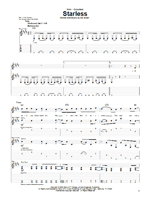 Preview Crossfade Starless Pop sheet music, notes and chords for Guitar Tab, SKU: 51175 Download Crossfade Starless sheet music and printable PDF score & Pop music notes