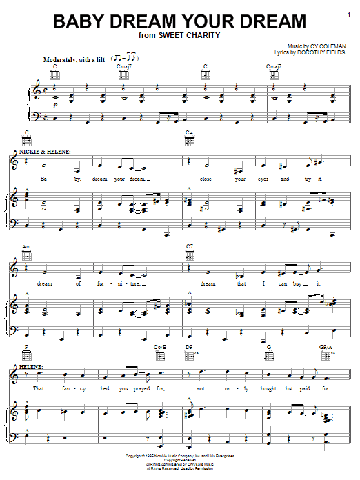 Preview Cy Coleman Baby Dream Your Dream Broadway sheet music, notes and chords for Piano, Vocal & Guitar (Right-Hand Melody), SKU: 62586 sheet music, piano notes, chords, guitar tabs, score, transpose, transcribe, how to play, guide, download, learn, tutorial, progression, song, artist, awards, billboard, mtv, vh1, tour, single, album, release