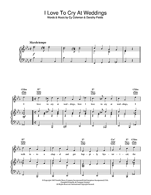 Preview Cy Coleman I Love To Cry At Weddings Broadway sheet music, notes and chords for Piano, Vocal & Guitar (Right-Hand Melody), SKU: 62590 sheet music, piano notes, chords, guitar tabs, score, transpose, transcribe, how to play, guide, download, learn, tutorial, progression, song, artist, awards, billboard, mtv, vh1, tour, single, album, release