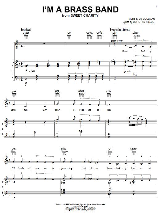 Preview Cy Coleman I'm A Brass Band Broadway sheet music, notes and chords for Piano, Vocal & Guitar (Right-Hand Melody), SKU: 62588 Download Cy Coleman I'm A Brass Band sheet music and printable PDF score & Broadway music notes