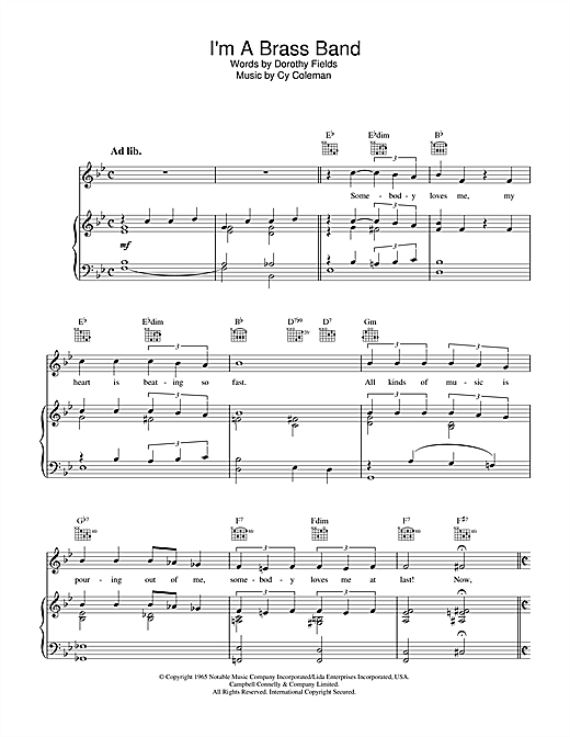 Preview Cy Coleman I'm A Brass Band Broadway sheet music, notes and chords for Piano, Vocal & Guitar (Right-Hand Melody), SKU: 62588 sheet music, piano notes, chords, guitar tabs, score, transpose, transcribe, how to play, guide, download, learn, tutorial, progression, song, artist, awards, billboard, mtv, vh1, tour, single, album, release