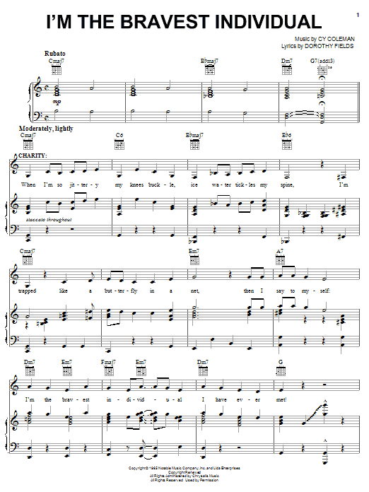 Preview Cy Coleman I'm The Bravest Individual Broadway sheet music, notes and chords for Piano, Vocal & Guitar (Right-Hand Melody), SKU: 62576 Download Cy Coleman I'm The Bravest Individual sheet music and printable PDF score & Broadway music notes