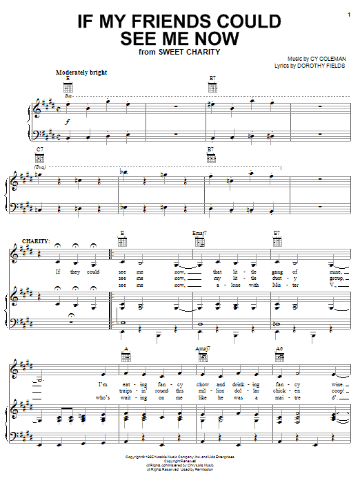 Preview Cy Coleman If My Friends Could See Me Now Broadway sheet music, notes and chords for Piano, Vocal & Guitar (Right-Hand Melody), SKU: 62579 sheet music, piano notes, chords, guitar tabs, score, transpose, transcribe, how to play, guide, download, learn, tutorial, progression, song, artist, awards, billboard, mtv, vh1, tour, single, album, release