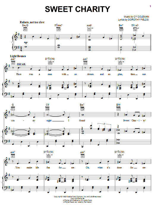 Preview Cy Coleman Sweet Charity Musicals sheet music, notes and chords for Piano, Vocal & Guitar (Right-Hand Melody), SKU: 62587 sheet music, piano notes, chords, guitar tabs, score, transpose, transcribe, how to play, guide, download, learn, tutorial, progression, song, artist, awards, billboard, mtv, vh1, tour, single, album, release