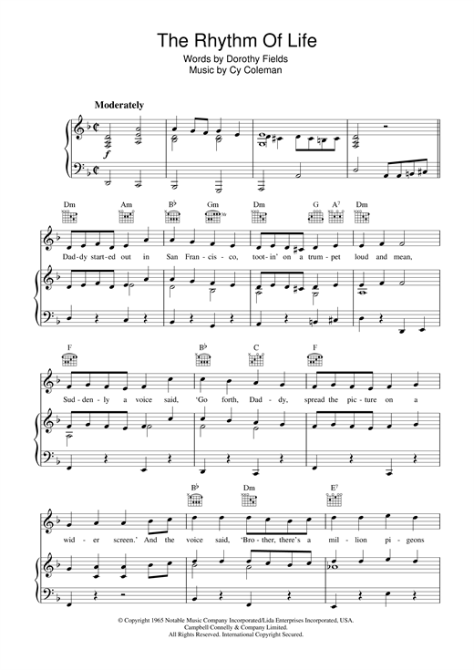 Preview Cy Coleman The Rhythm Of Life Broadway sheet music, notes and chords for Piano, Vocal & Guitar (Right-Hand Melody), SKU: 62580 sheet music, piano notes, chords, guitar tabs, score, transpose, transcribe, how to play, guide, download, learn, tutorial, progression, song, artist, awards, billboard, mtv, vh1, tour, single, album, release