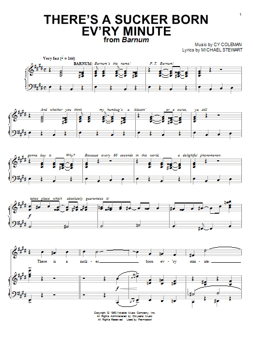 Preview Cy Coleman There's A Sucker Born Ev'ry Minute Musicals sheet music, notes and chords for Piano & Vocal, SKU: 63217 Download Cy Coleman There's A Sucker Born Ev'ry Minute sheet music and printable PDF score & Musicals music notes