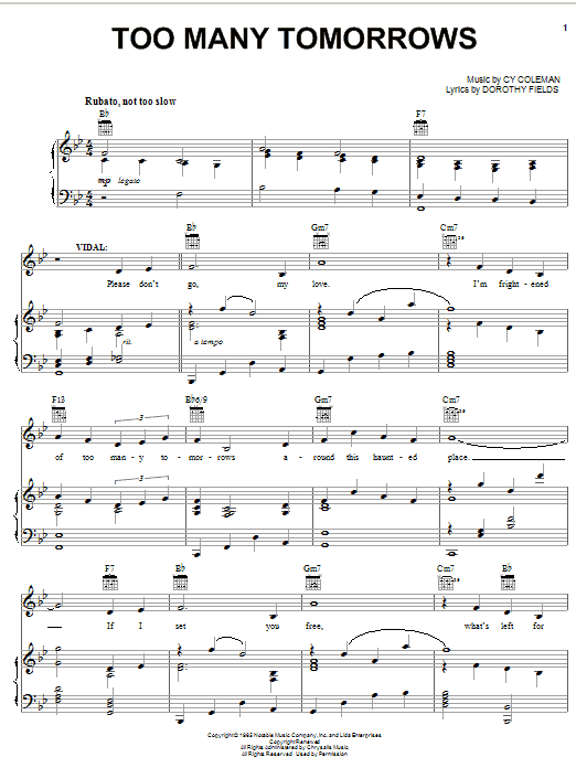 Preview Cy Coleman Too Many Tomorrows Broadway sheet music, notes and chords for Piano, Vocal & Guitar (Right-Hand Melody), SKU: 62584 sheet music, piano notes, chords, guitar tabs, score, transpose, transcribe, how to play, guide, download, learn, tutorial, progression, song, artist, awards, billboard, mtv, vh1, tour, single, album, release