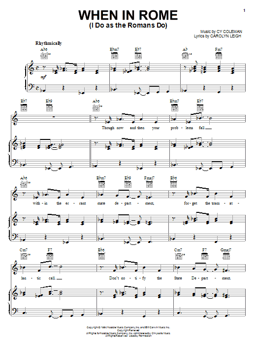 Preview Cy Coleman When In Rome (I Do As The Romans Do) Folk sheet music, notes and chords for Piano, Vocal & Guitar (Right-Hand Melody), SKU: 70136 Download Cy Coleman When In Rome (I Do As The Romans Do) sheet music and printable PDF score & Folk music notes