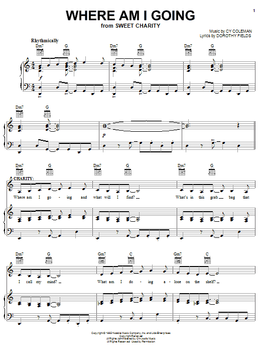 Preview Cy Coleman Where Am I Going Broadway sheet music, notes and chords for Piano, Vocal & Guitar (Right-Hand Melody), SKU: 62578 Download Cy Coleman Where Am I Going sheet music and printable PDF score & Broadway music notes