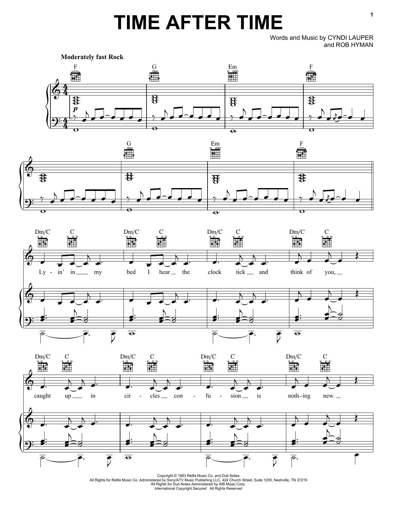 Download Cyndi Lauper Time After Time sheet music and printable PDF score & Pop music notes