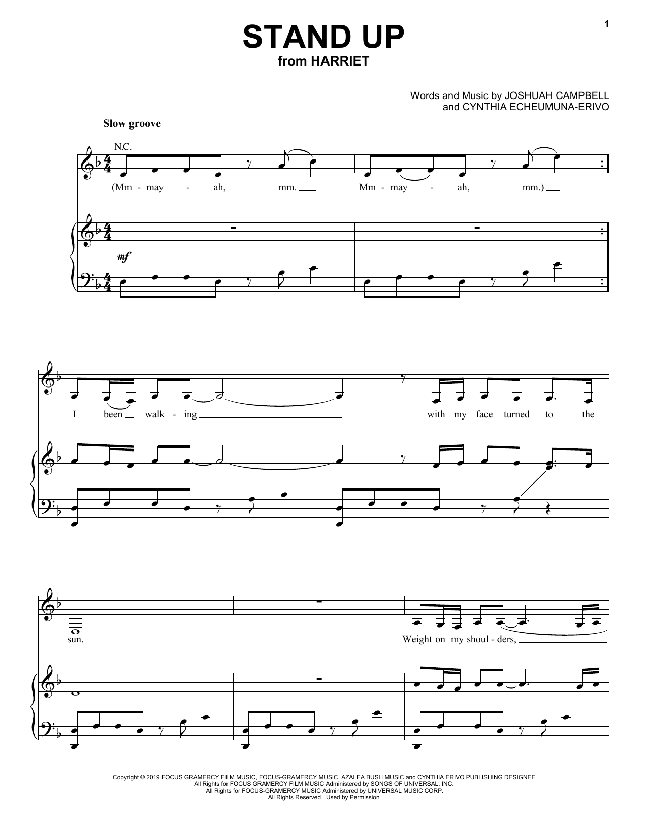Preview Cynthia Erivo Stand Up (from Harriet) Film/TV sheet music, notes and chords for Piano, Vocal & Guitar (Right-Hand Melody), SKU: 439148 sheet music, piano notes, chords, guitar tabs, score, transpose, transcribe, how to play, guide, download, learn, tutorial, progression, song, artist, awards, billboard, mtv, vh1, tour, single, album, release
