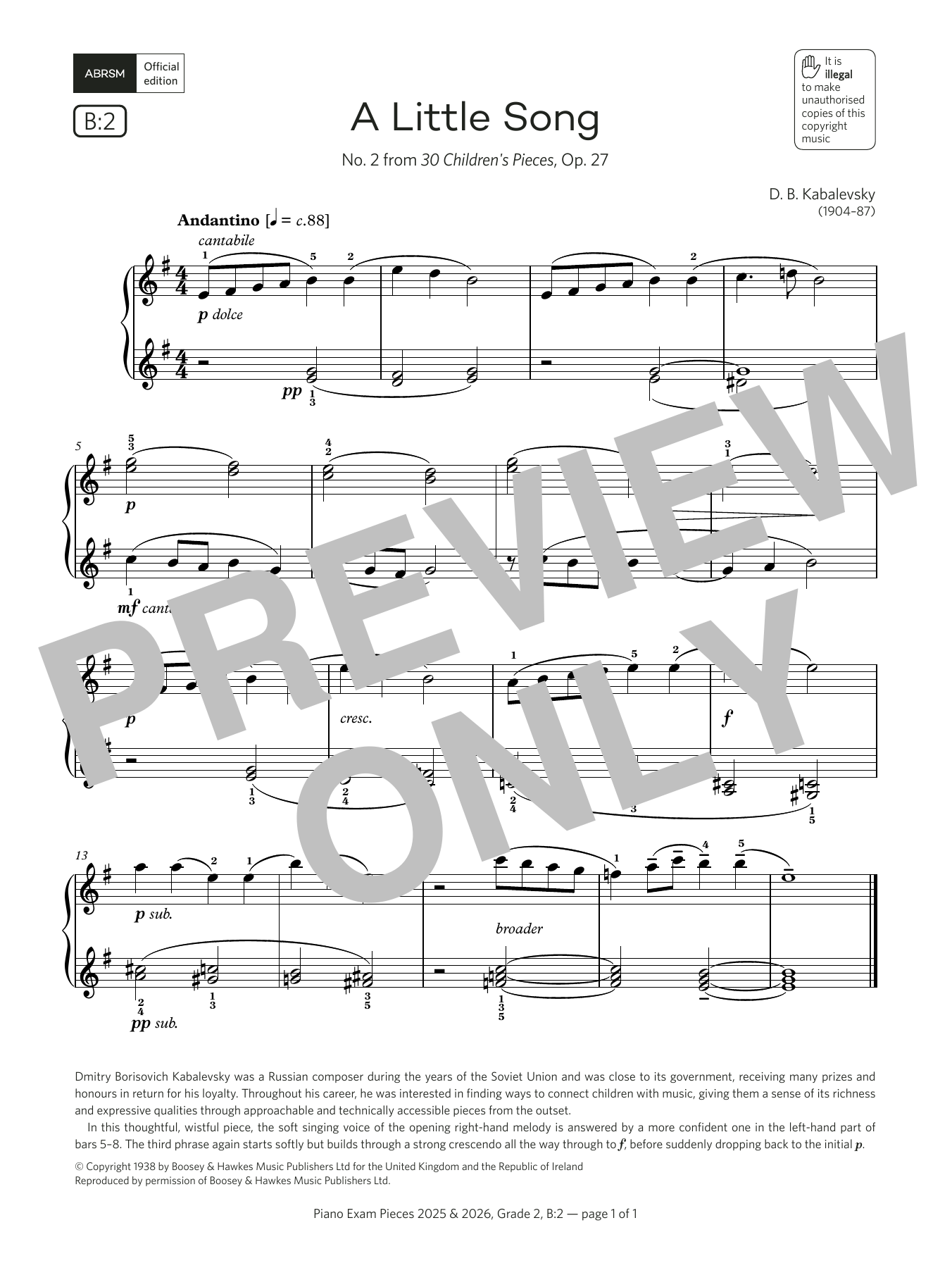 D. B. Kabalevsky A Little Song (Grade 2, list B2, from the ABRSM Piano Syllabus 2025 & 2026) Sheet Music & Chords for Piano Solo - Download or Print PDF