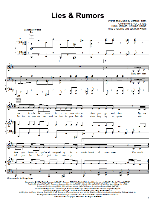 Preview D12 Lies & Rumors (from Shark Tale) Pop sheet music, notes and chords for Piano, Vocal & Guitar (Right-Hand Melody), SKU: 51428 sheet music, piano notes, chords, guitar tabs, score, transpose, transcribe, how to play, guide, download, learn, tutorial, progression, song, artist, awards, billboard, mtv, vh1, tour, single, album, release