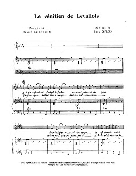 Preview Dalida Le Venitien De Levallois Pop sheet music, notes and chords for Piano & Vocal, SKU: 114506 sheet music, piano notes, chords, guitar tabs, score, transpose, transcribe, how to play, guide, download, learn, tutorial, progression, song, artist, awards, billboard, mtv, vh1, tour, single, album, release