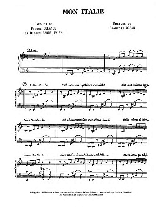 Preview Dalida Mon Italie Pop sheet music, notes and chords for Piano & Vocal, SKU: 114504 sheet music, piano notes, chords, guitar tabs, score, transpose, transcribe, how to play, guide, download, learn, tutorial, progression, song, artist, awards, billboard, mtv, vh1, tour, single, album, release