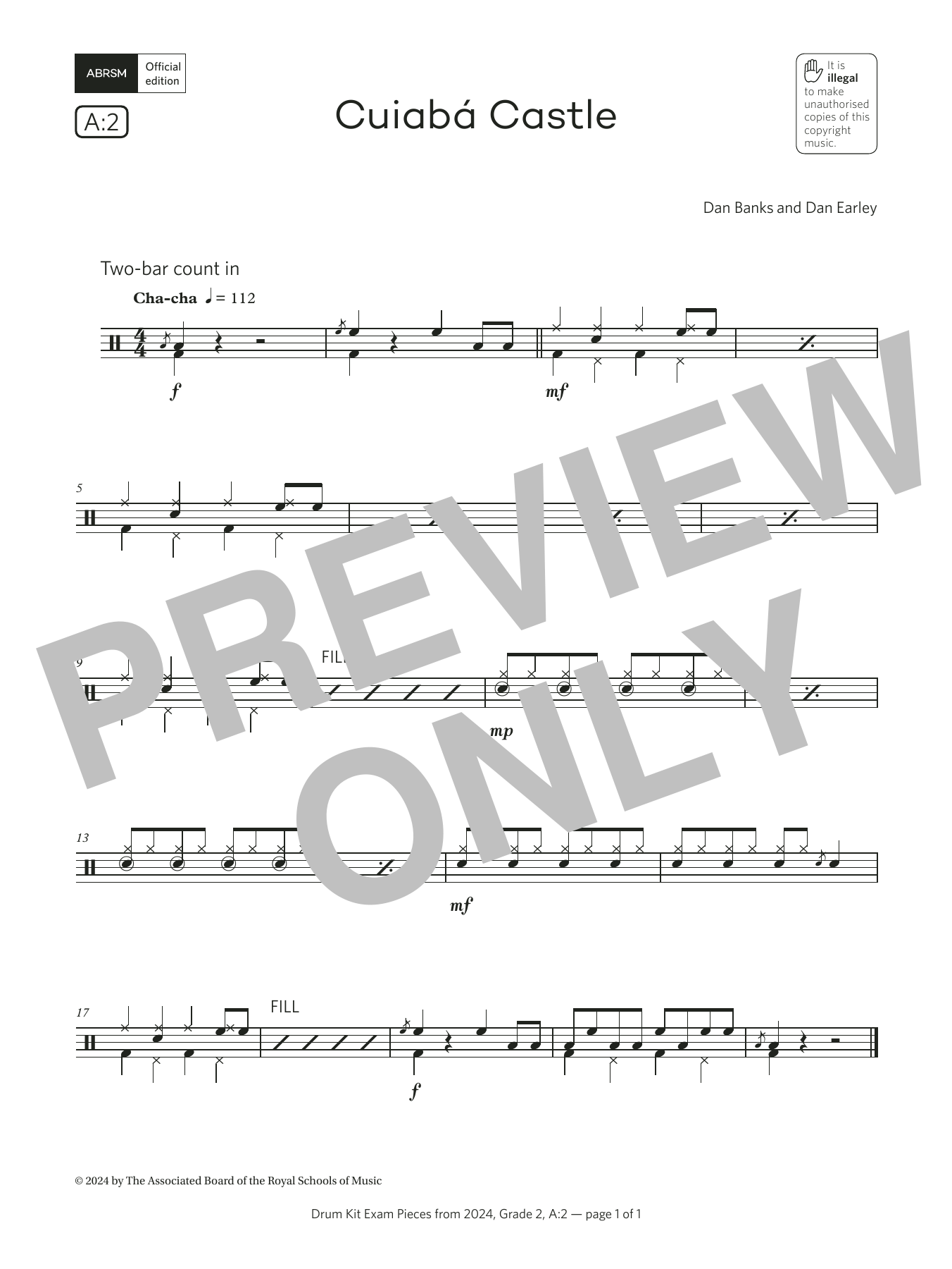 Dan Banks and Dan Earley Cuiabá Castle (Grade 2, list A2, from the ABRSM Drum Kit Syllabus 2024) Sheet Music & Chords for Drums - Download or Print PDF