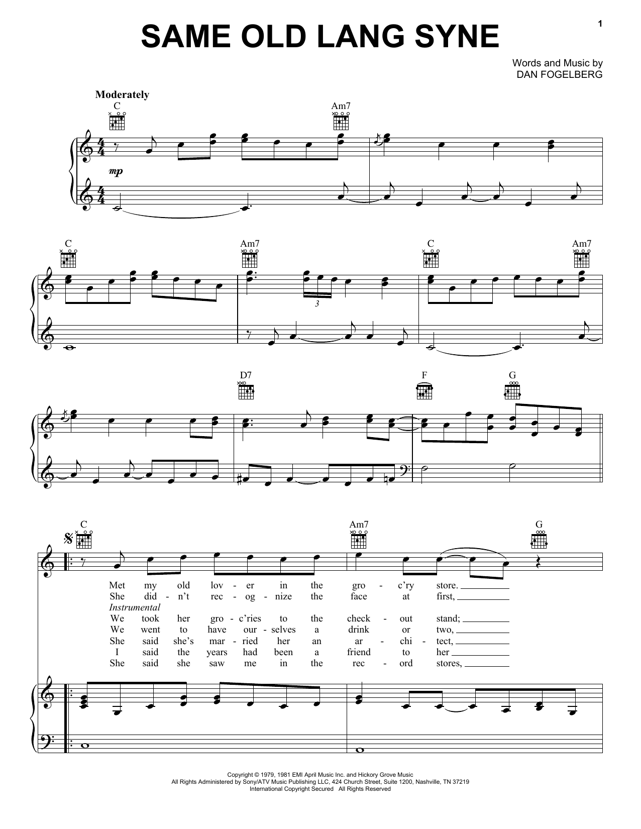 Preview Dan Fogelberg Same Old Lang Syne Rock sheet music, notes and chords for Piano, Vocal & Guitar (Right-Hand Melody), SKU: 51315 sheet music, piano notes, chords, guitar tabs, score, transpose, transcribe, how to play, guide, download, learn, tutorial, progression, song, artist, awards, billboard, mtv, vh1, tour, single, album, release