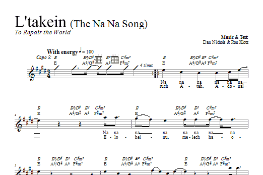 Preview Dan Nichols L'takein (The Na Na Song) Religious sheet music, notes and chords for Melody Line, Lyrics & Chords, SKU: 66574 Download Dan Nichols L'takein (The Na Na Song) sheet music and printable PDF score & Religious music notes
