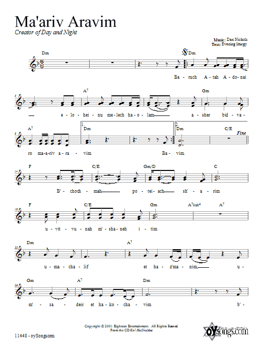 Preview Dan Nichols Ma'ariv Aravim Religious sheet music, notes and chords for Melody Line, Lyrics & Chords, SKU: 66206 Download Dan Nichols Ma'ariv Aravim sheet music and printable PDF score & Religious music notes