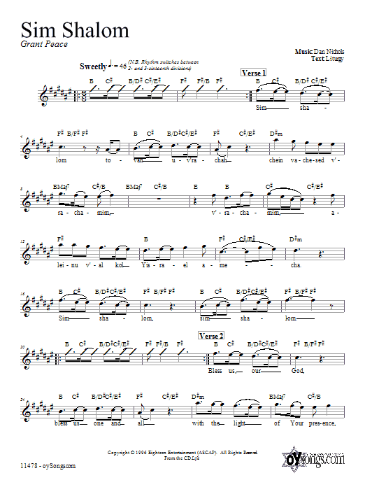 Preview Dan Nichols Sim Shalom Religious sheet music, notes and chords for Melody Line, Lyrics & Chords, SKU: 66219 sheet music, piano notes, chords, guitar tabs, score, transpose, transcribe, how to play, guide, download, learn, tutorial, progression, song, artist, awards, billboard, mtv, vh1, tour, single, album, release