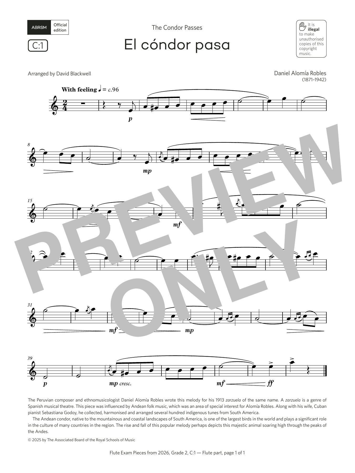 Daniel Alomía Robles El cóndor pasa (Grade 2, list C1, from the ABRSM Flute Syllabus from 2026) Sheet Music & Chords for Flute Solo - Download or Print PDF