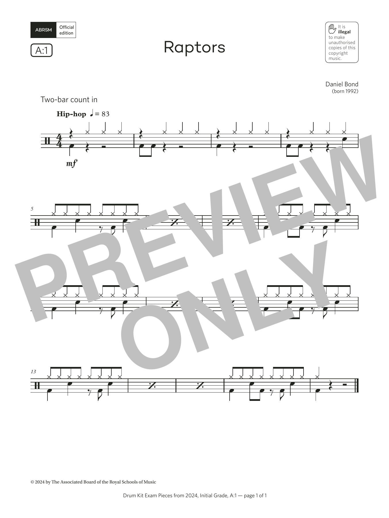 Daniel Bond Raptors (Grade Initial, list A1, from the ABRSM Drum Kit Syllabus 2024) Sheet Music & Chords for Drums - Download or Print PDF