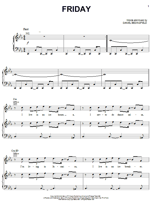 Preview Daniel Bedingfield Friday Pop sheet music, notes and chords for Piano, Vocal & Guitar (Right-Hand Melody), SKU: 24942 Download Daniel Bedingfield Friday sheet music and printable PDF score & Pop music notes