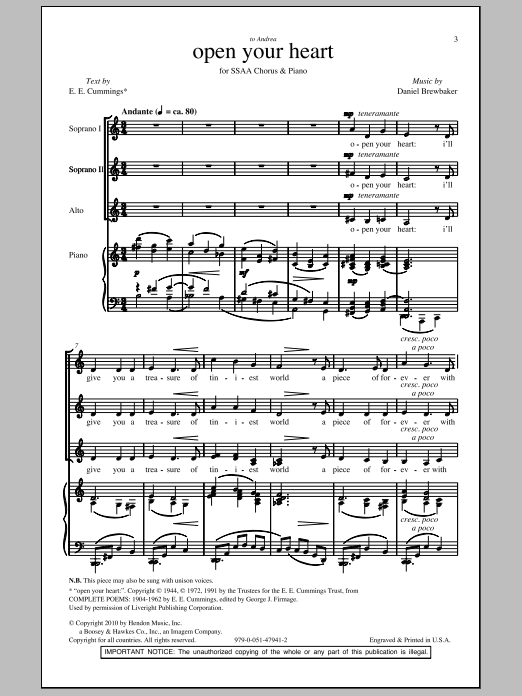 Preview Daniel Brewbaker Open Your Heart Concert sheet music, notes and chords for SSA, SKU: 76227 Download Daniel Brewbaker Open Your Heart sheet music and printable PDF score & Concert music notes