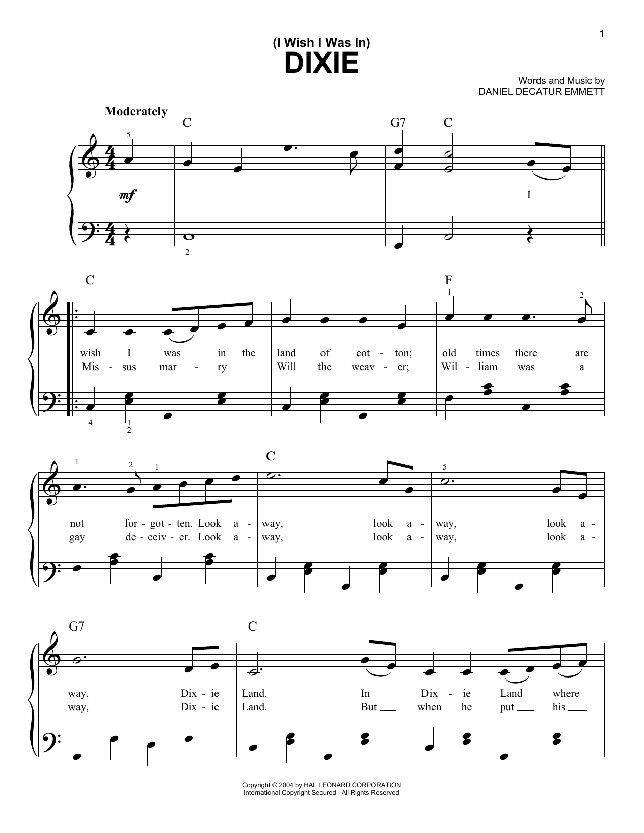 Download Daniel Decatur Emmett (I Wish I Was In) Dixie sheet music and printable PDF score & Children music notes