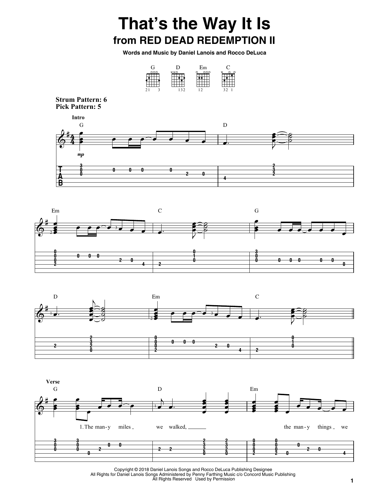Download Daniel Lanois and Rocco DeLuca That's The Way It Is (from Red Dead Redemption II) sheet music and printable PDF score & Video Game music notes