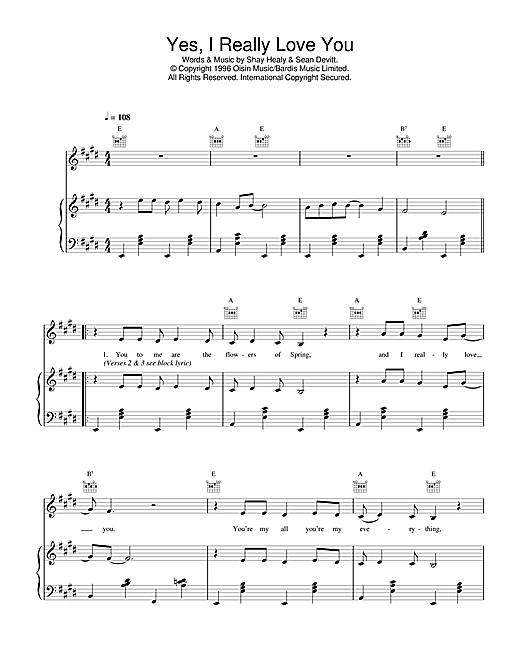 Preview Daniel O'Donnell Yes, I Really Love You Easy Listening sheet music, notes and chords for Piano, Vocal & Guitar (Right-Hand Melody), SKU: 17425 sheet music, piano notes, chords, guitar tabs, score, transpose, transcribe, how to play, guide, download, learn, tutorial, progression, song, artist, awards, billboard, mtv, vh1, tour, single, album, release