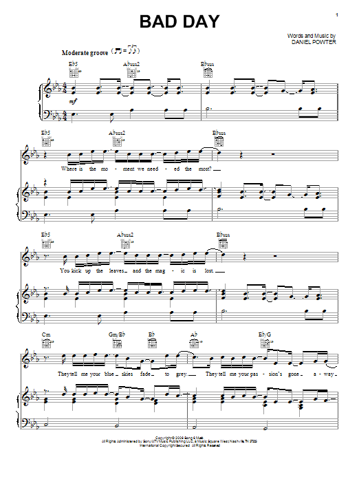 Download Daniel Powter Bad Day sheet music and printable PDF score & Rock music notes