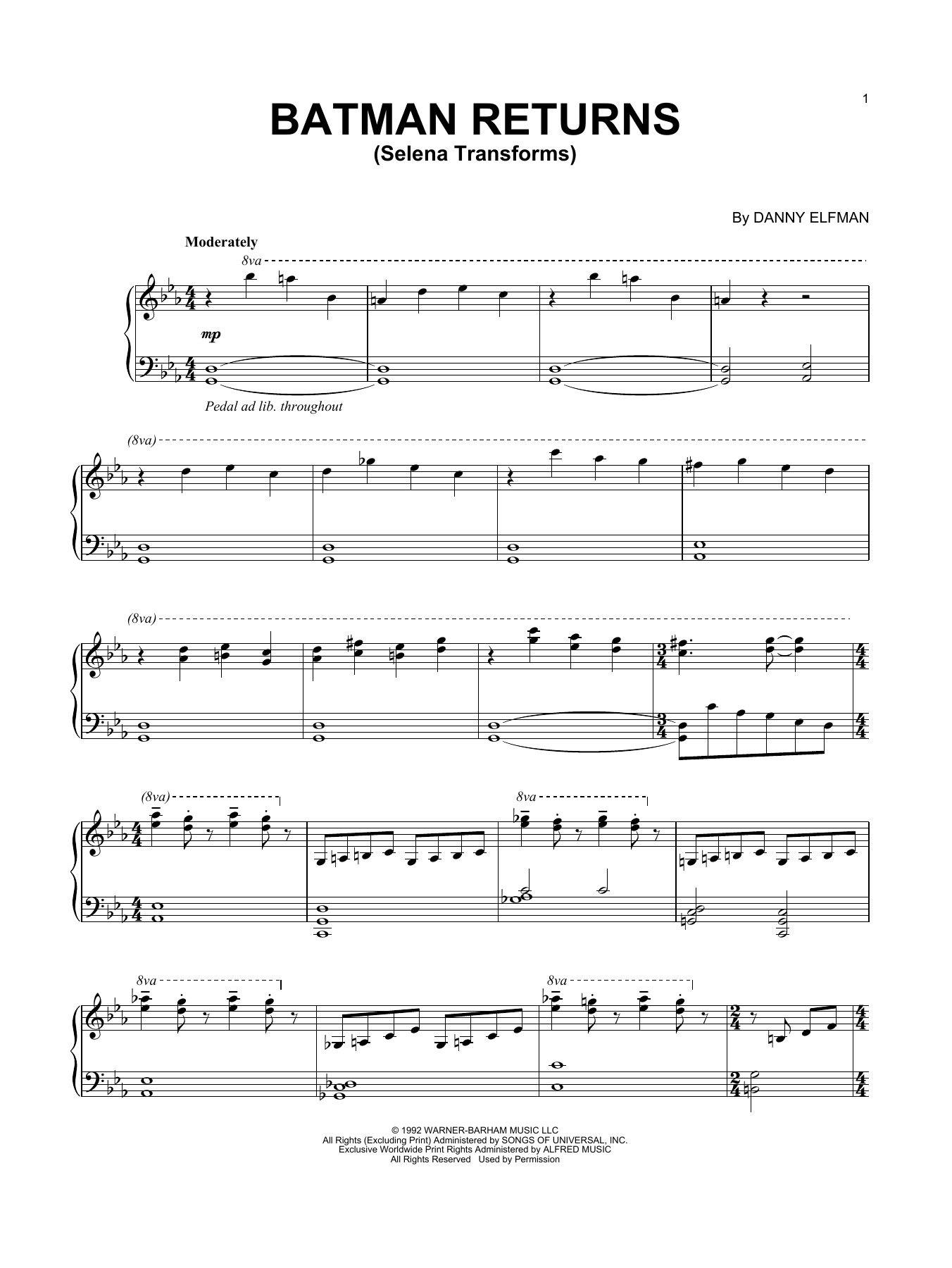 Danny Elfman Batman Returns (Selena Transforms) Sheet Music & Chords for Piano Solo - Download or Print PDF