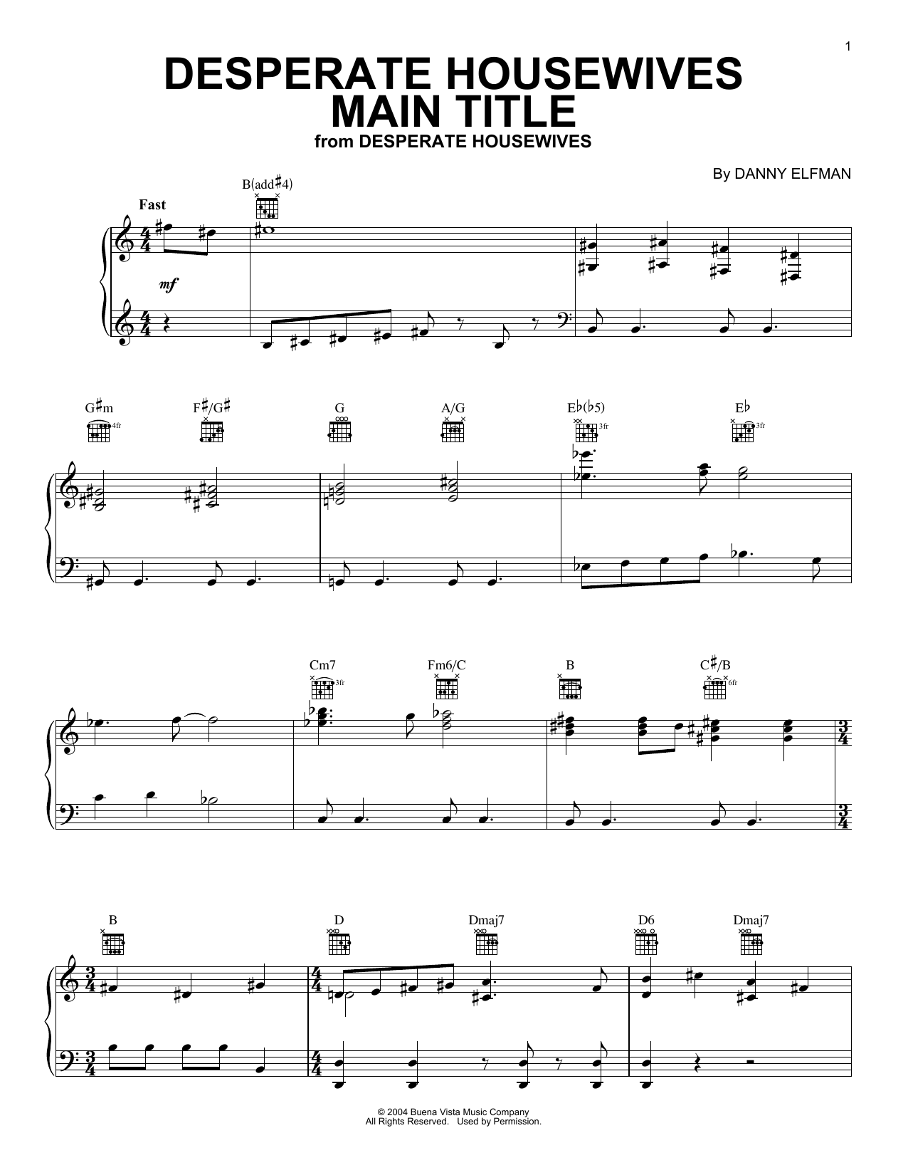 Preview Danny Elfman Desperate Housewives Main Title Film and TV sheet music, notes and chords for Piano, SKU: 51973 Download Danny Elfman Desperate Housewives Main Title sheet music and printable PDF score & Film and TV music notes