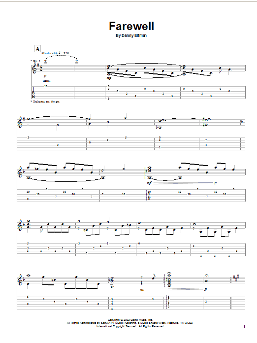 Preview Danny Elfman Farewell Rock sheet music, notes and chords for Guitar Tab, SKU: 20728 Download Danny Elfman Farewell sheet music and printable PDF score & Rock music notes