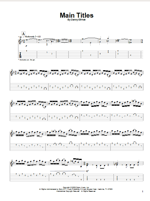 Danny Elfman Main Titles Sheet Music Download Printable Film Tv Pdf Guitar Tab Score Sku 20726