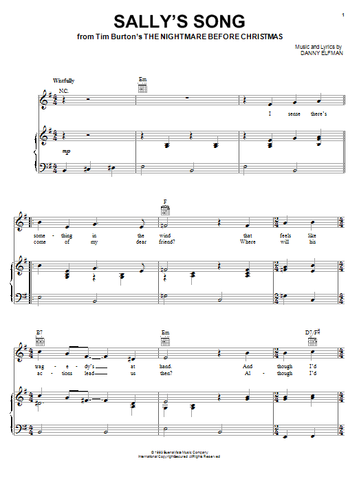 Preview Danny Elfman Sally's Song (from The Nightmare Before Christmas) Pop sheet music, notes and chords for Piano, SKU: 85357 sheet music, piano notes, chords, guitar tabs, score, transpose, transcribe, how to play, guide, download, learn, tutorial, progression, song, artist, awards, billboard, mtv, vh1, tour, single, album, release
